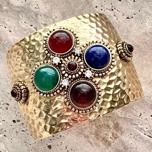 RARE RJ GRAZIANO WIDE CUFF BRACELET HAMMERED GOLD MALTESE CROSS GEMSTONES SIGNED
